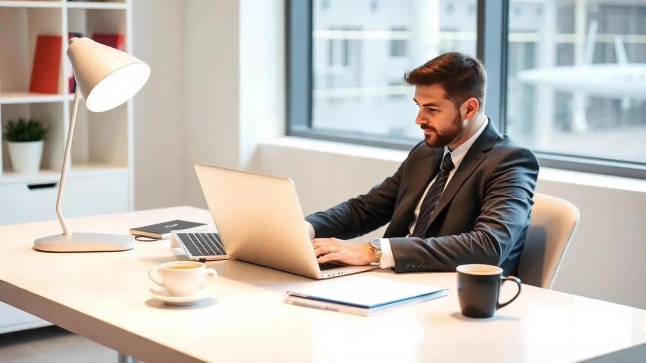 Profissional executivo em terno trabalhando em notebook em mesa moderna com café, foto editorial corporativa
