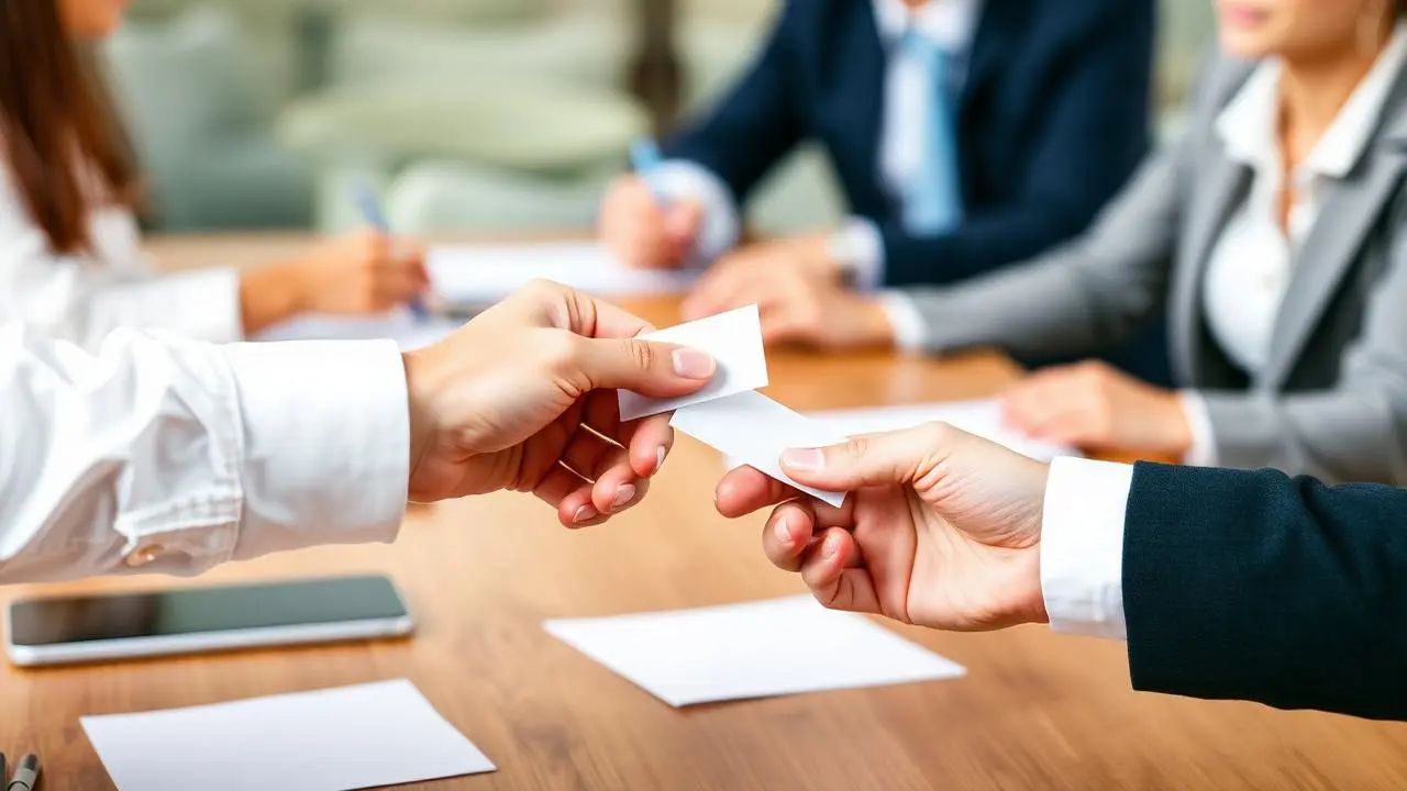 Mãos trocando cartões de visita sobre mesa de reunião corporativa com profissionais ao fundo desfocados