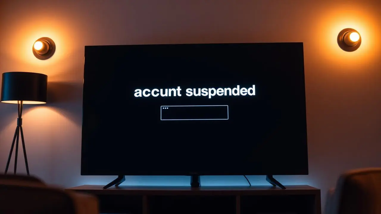 TV em sala escura exibindo mensagem de conta suspensa em plataforma de streaming, iluminação ambiente quente