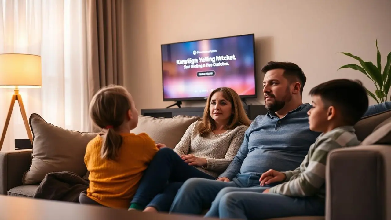 Família reunida no sofá assistindo TV com expressão de confusão diante de mensagem de erro em serviço de streaming, luz ambiente quente