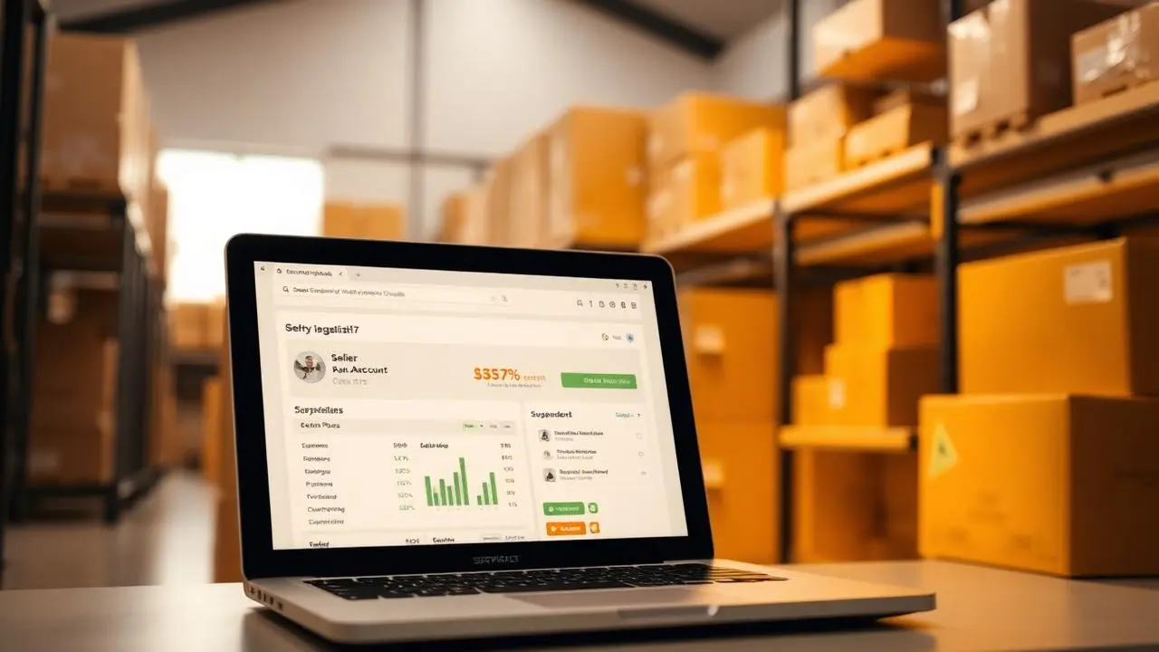 Vendedor embalando caixas em pequeno estoque doméstico com notebook exibindo painel de marketplace com alerta de conta suspensa, iluminação amarelada