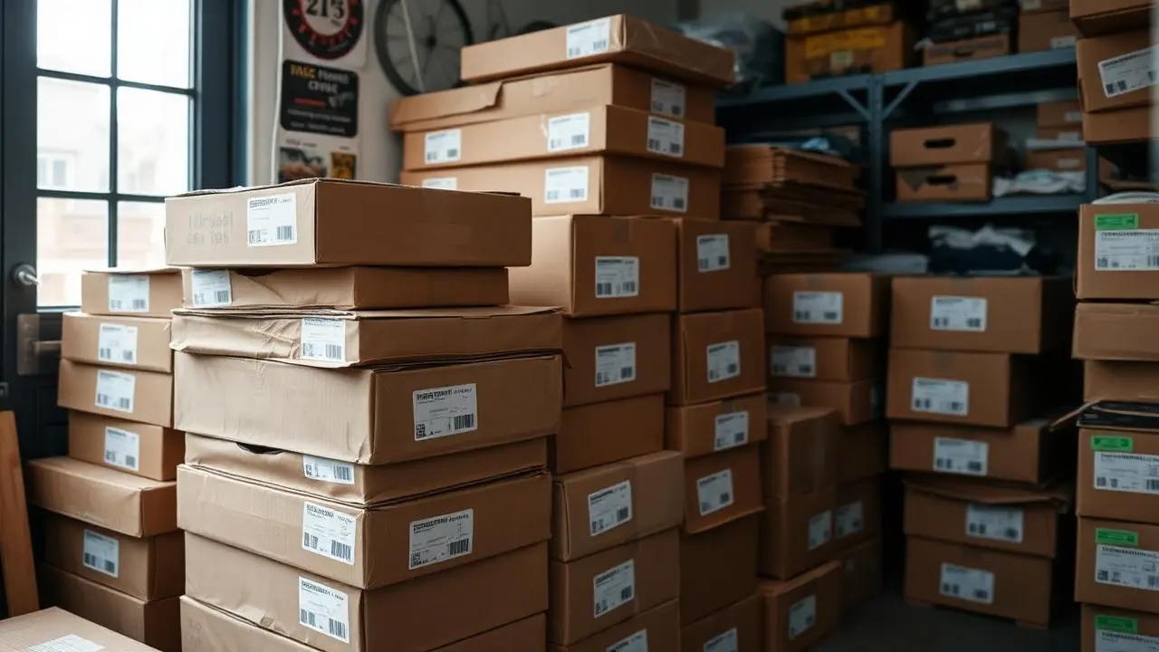 Pilhas de caixas de papelão com etiquetas de envio em pequeno estoque doméstico