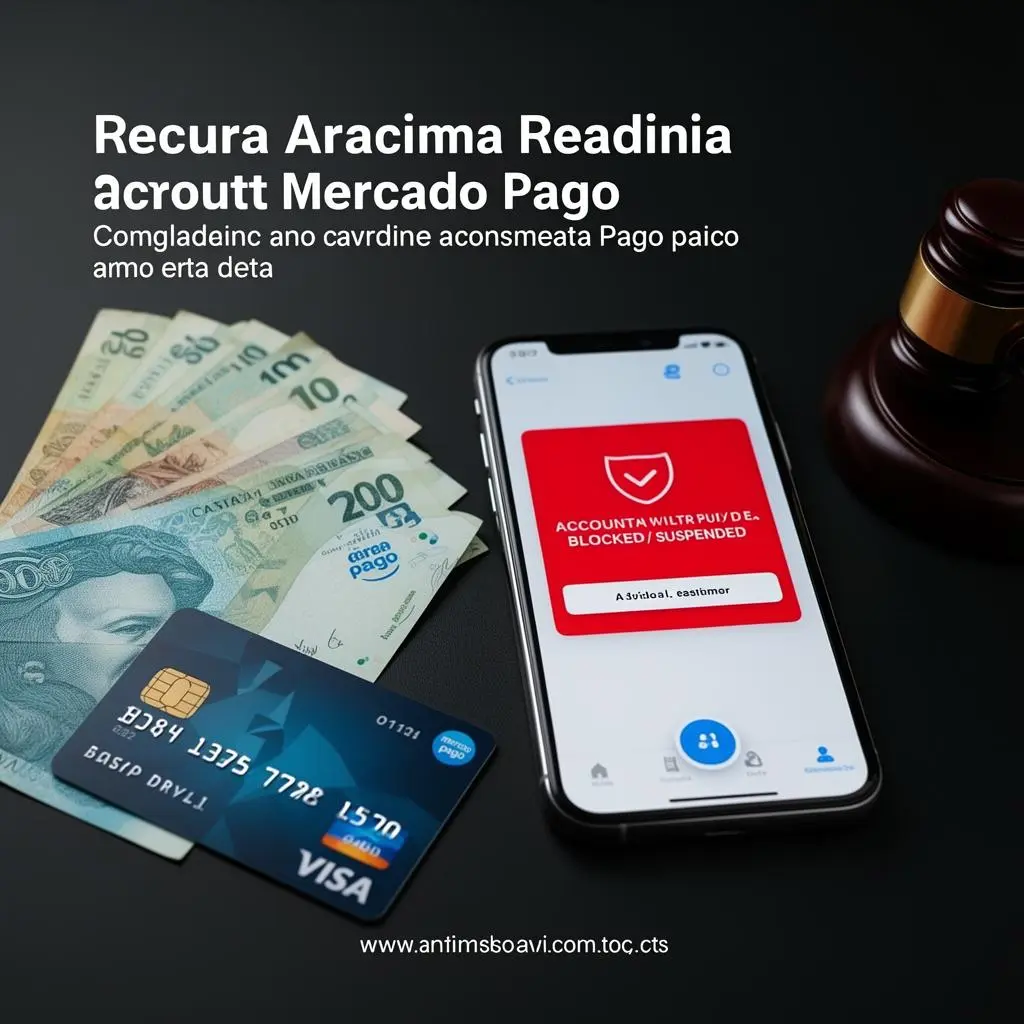 Smartphone com app Mercado Pago mostrando conta limitada ao lado de notas de real brasileiro e cartão de crédito