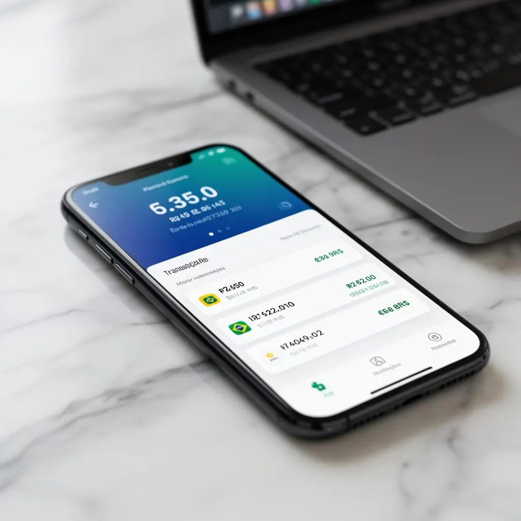 Close de smartphone mostrando carteira digital com saldo e transações PIX em reais sobre mesa de mármore