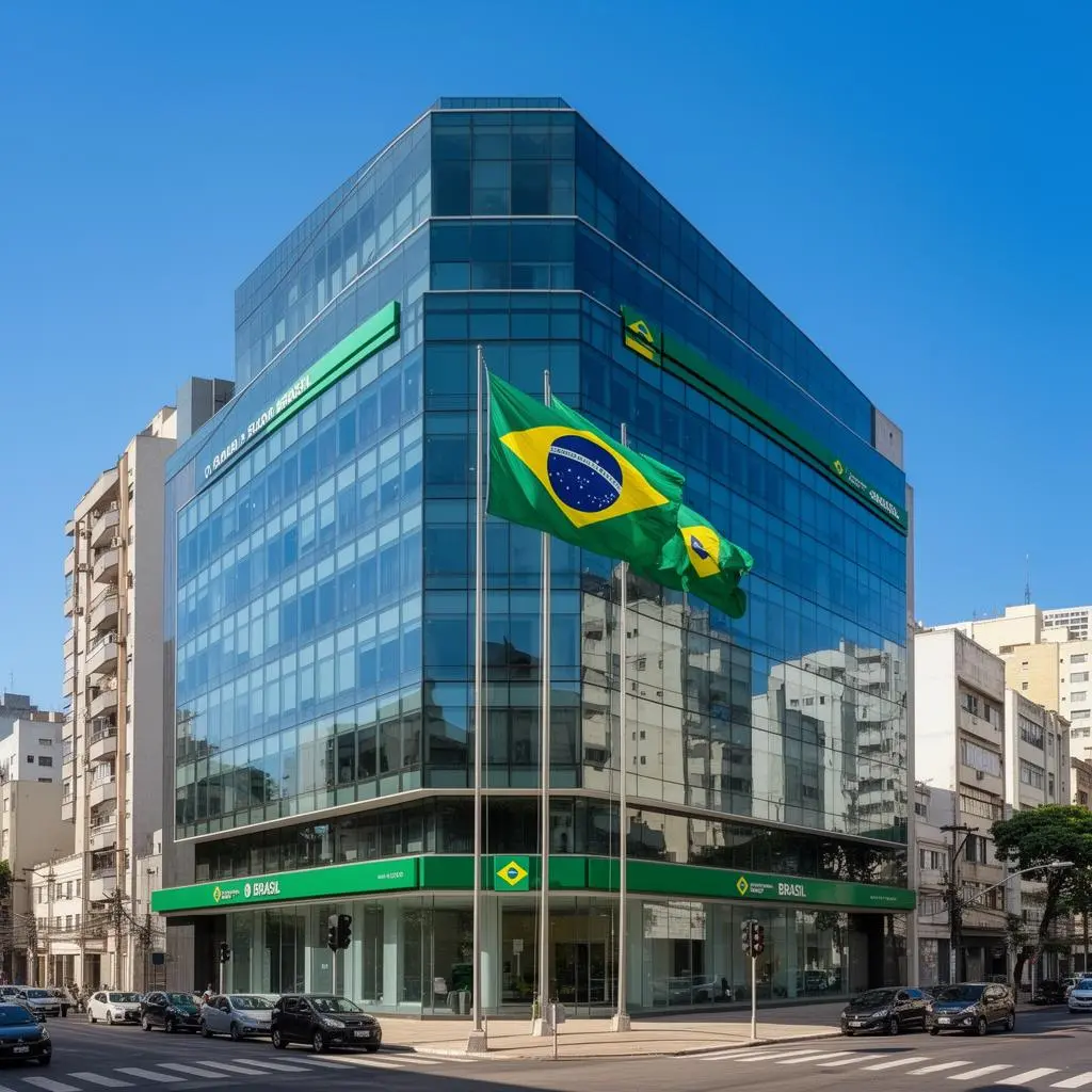 Fachada moderna de edifício institucional brasileiro com bandeira nacional e céu azul claro