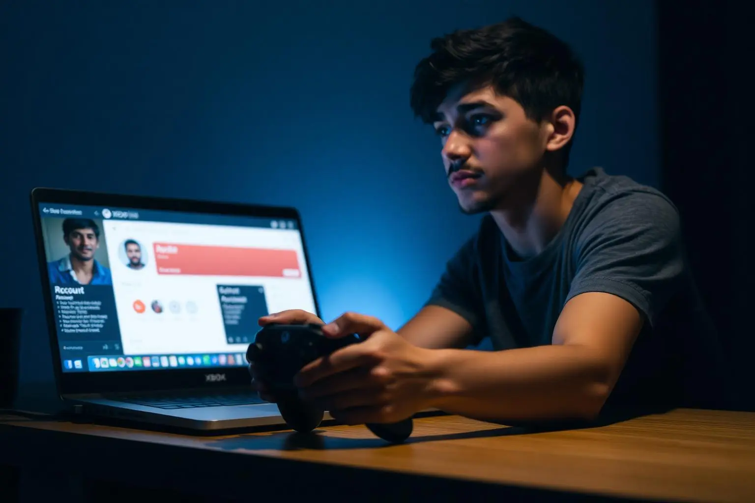Jovem gamer brasileiro em mesa com controle Xbox e laptop exibindo tela de conta bloqueada, iluminação noturna, fotografia documental cinematográfica