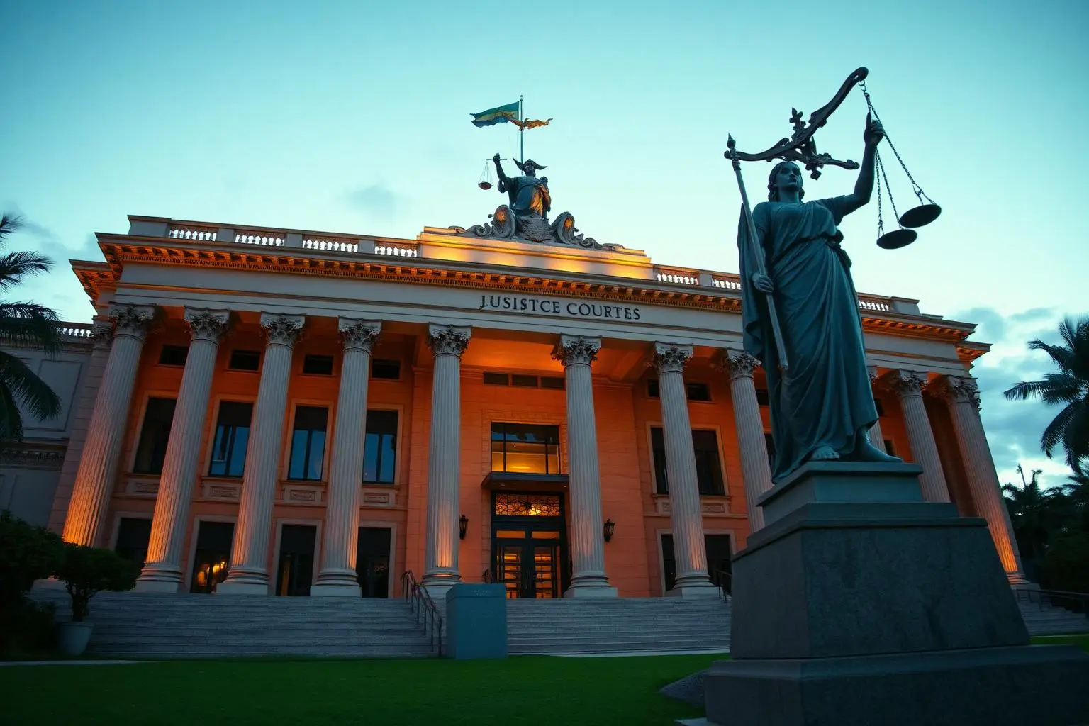 Exterior de tribunal brasileiro ao entardecer com colunas iluminadas e estátua da justiça, fotografia editorial em ângulo amplo