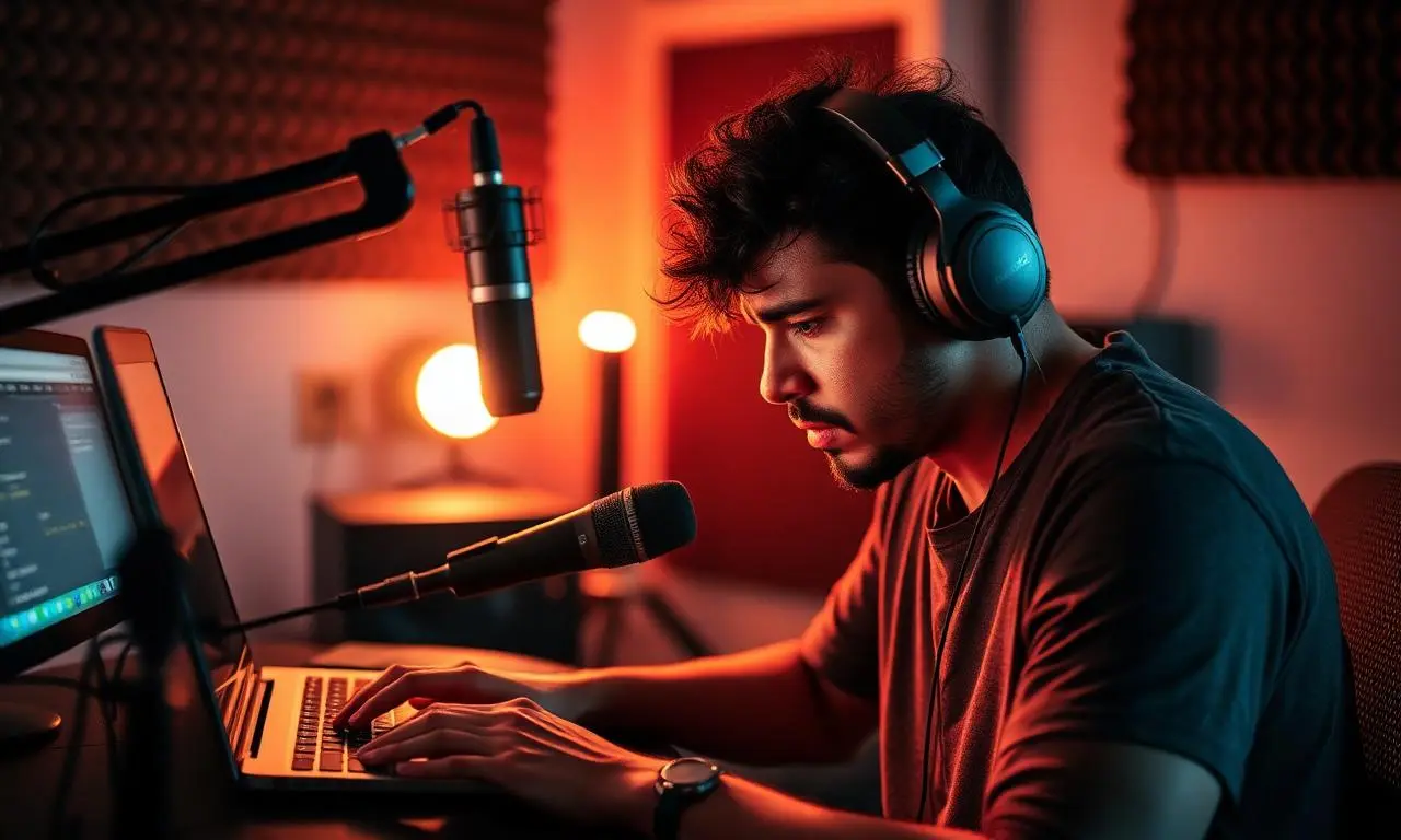 Músico artista brasileiro independente em estúdio caseiro de gravação com fones, observando laptop com expressão de frustração, microfone e tratamento acústico, iluminação quente cinematográfica