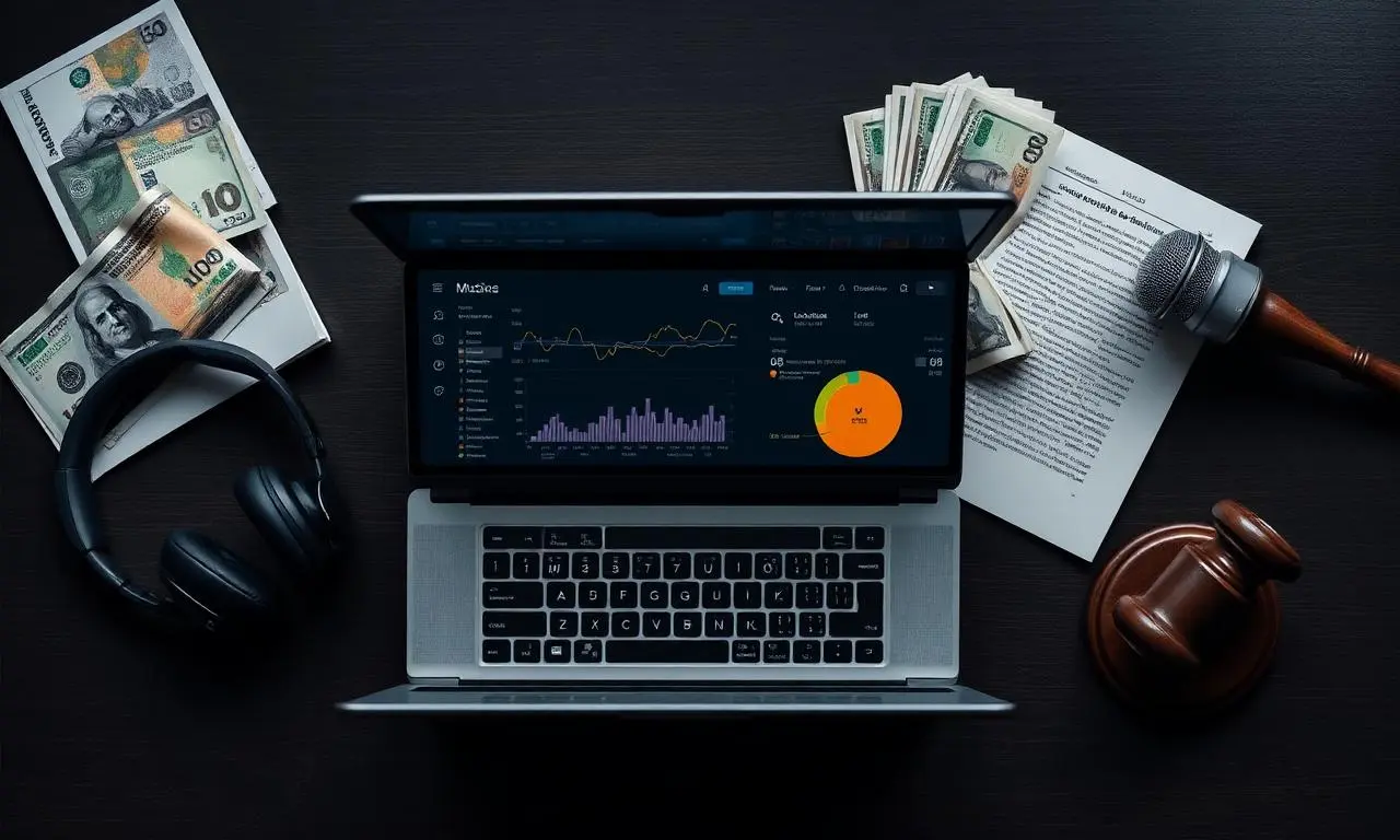 Vista superior top-down editorial: laptop exibindo dashboard de analytics de streaming musical, disco de vinil, fones, microfone condensador, notas de Real brasileiro, contrato de royalties musicais, martelo de juiz, livro de direito autoral, iluminação escura dramática