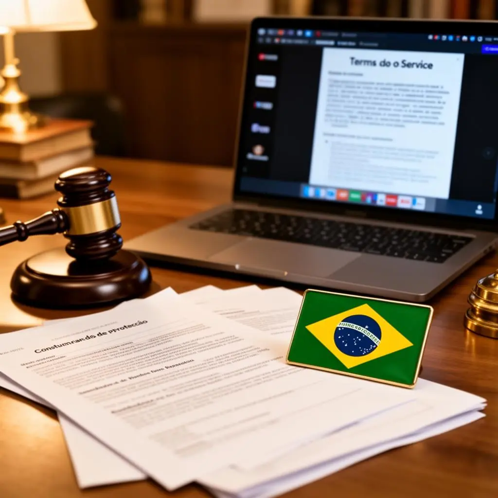Documentos jurídicos sobre proteção ao consumidor com martelo de juiz e bandeira do Brasil sobre mesa de escritório