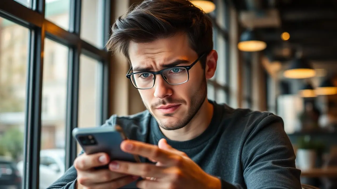 Homem com expressão preocupada olhando para smartphone em cafeteria, com aplicativo bancário aberto, luz natural pela janela