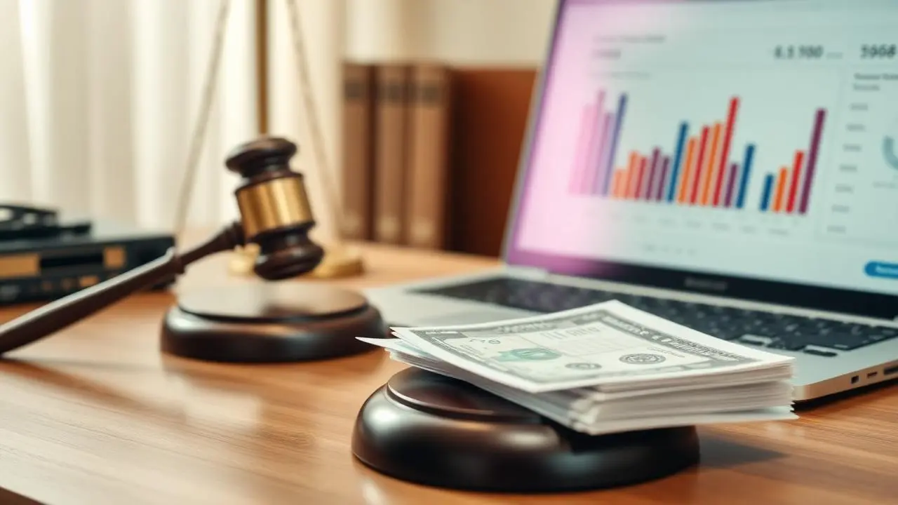 Mesa de escritório jurídico com extratos bancários, martelo de juiz e notebook exibindo painel de banking, tom quente