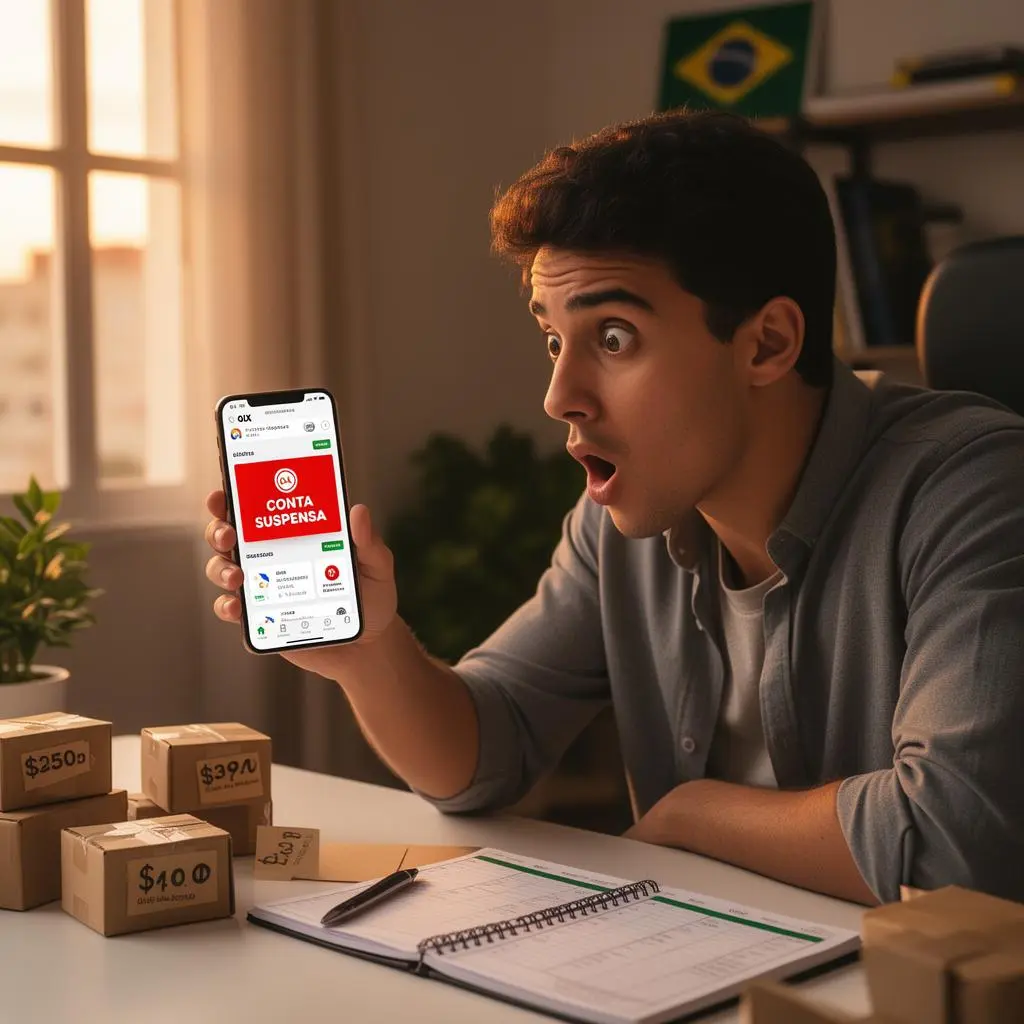 Jovem empreendedor brasileiro chocado com smartphone mostrando app OLX com conta suspensa ao lado de pequenas caixas de produtos