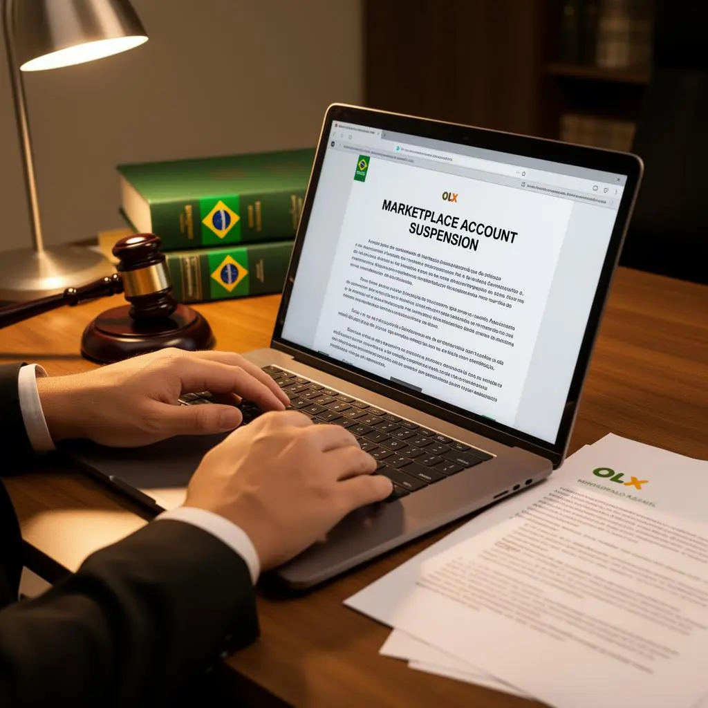 Advogado brasileiro especializado em direito digital digitando petição inicial sobre recuperação de conta de marketplace