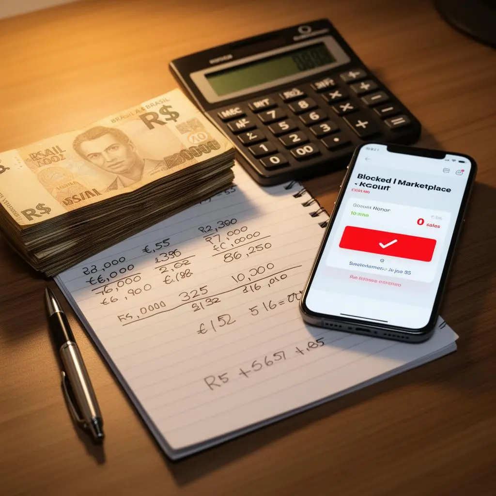 Notas de real brasileiro empilhadas em cima de uma mesa com calculadora e documentos de prejuízo financeiro