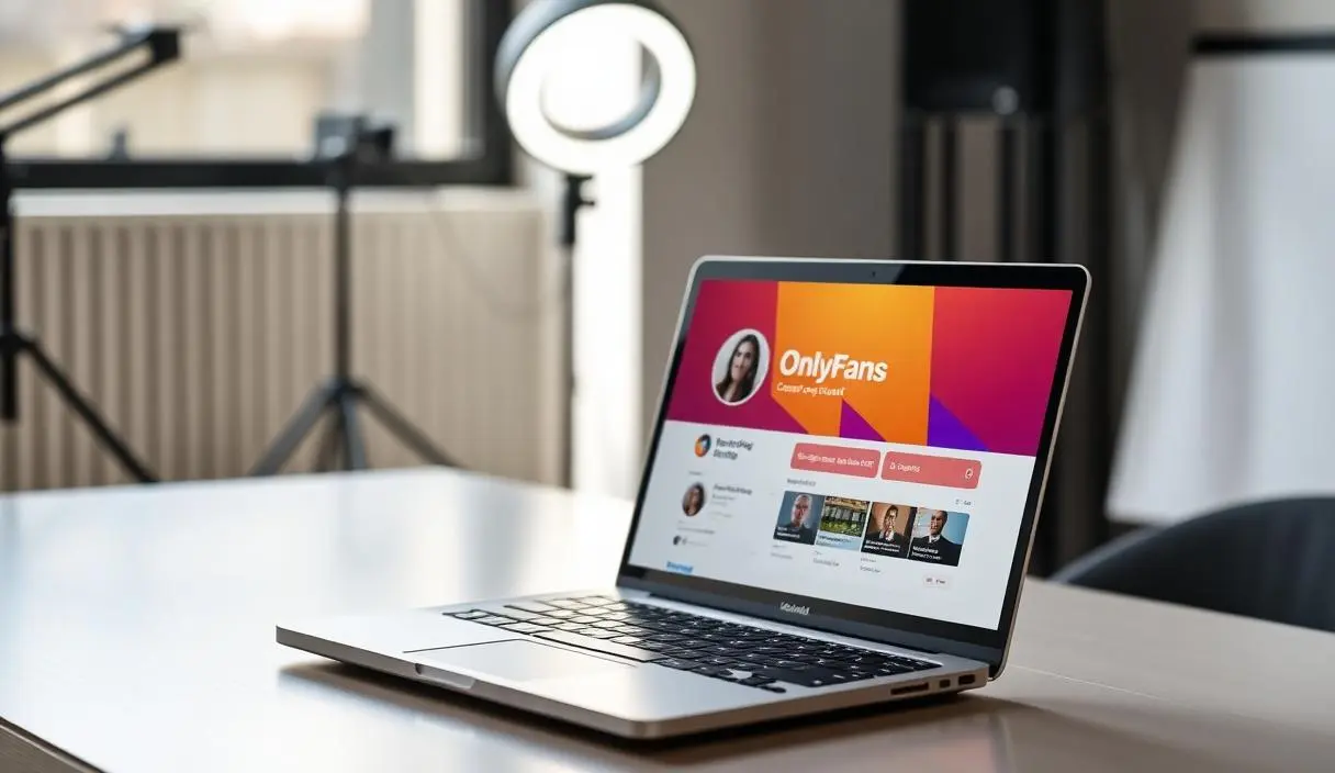 Workspace de criador digital com laptop exibindo tela de conta OnlyFans suspensa, ring light e equipamentos profissionais