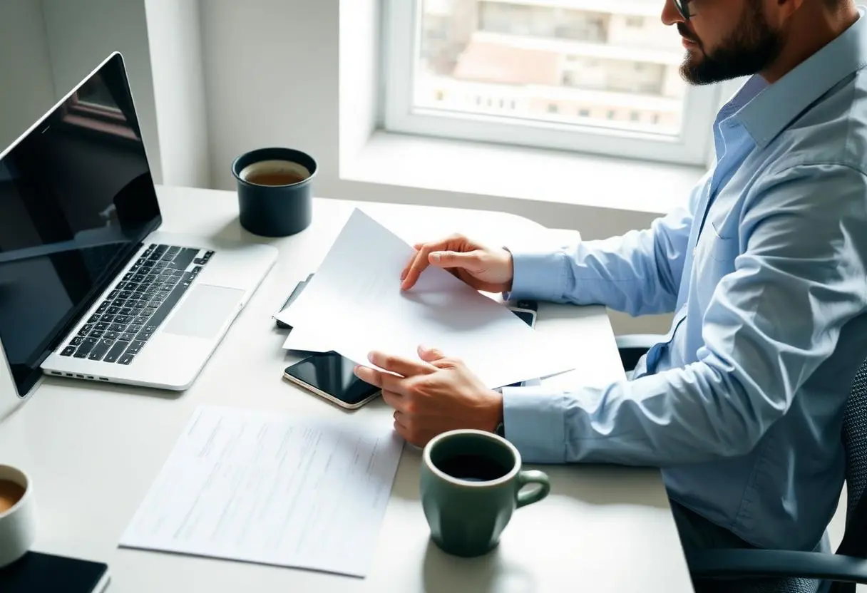 Criador de conteúdo digital brasileiro organizando documentos jurídicos e contratos em workspace moderno