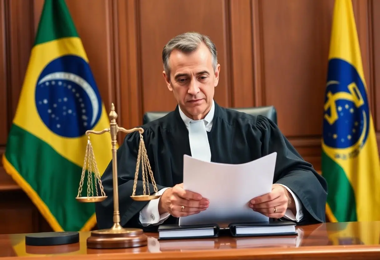 Juiz brasileiro examinando decisão sobre direitos de criadores digitais e plataformas de conteúdo monetizado