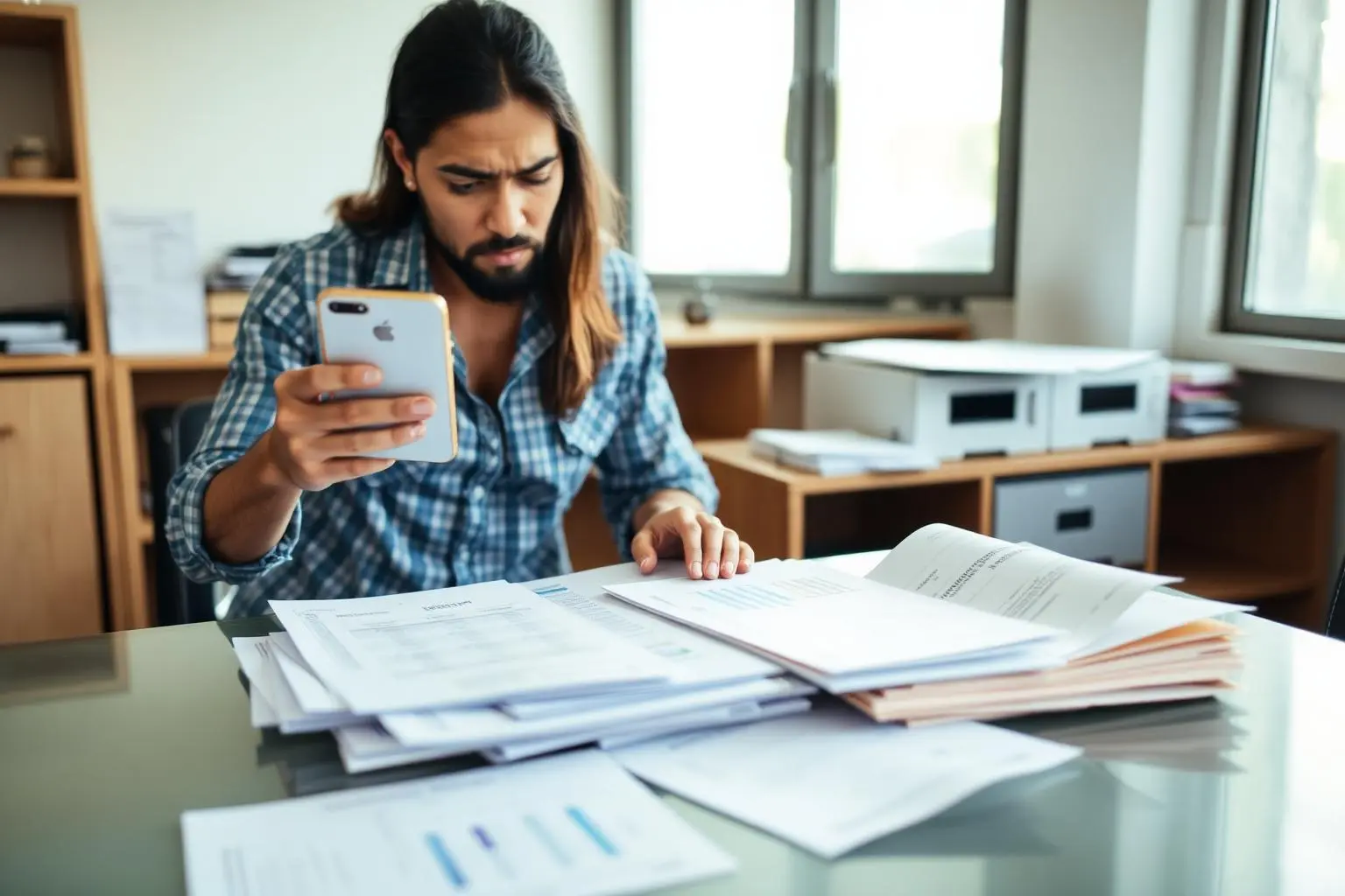Empreendedor brasileiro organizando recibos e documentos sobre mesa com smartphone exibindo app de pagamento, expressão preocupada, luz natural