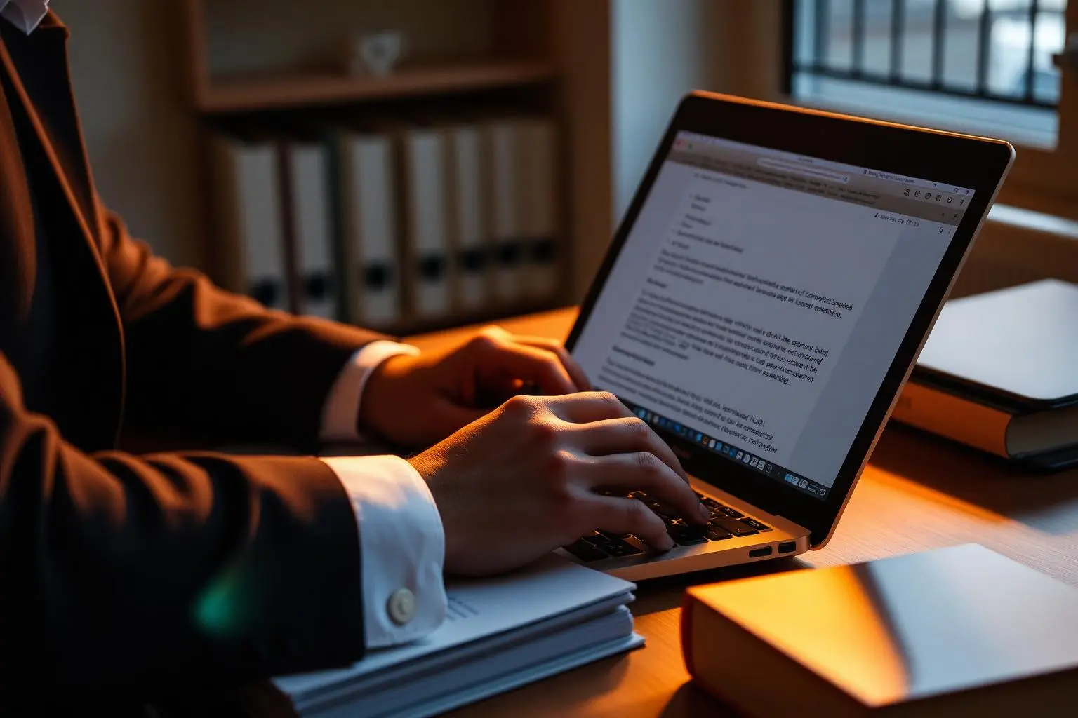 Advogado brasileiro digitando petição em laptop sobre mesa com livros jurídicos e código de defesa do consumidor, luz dourada de fim de tarde