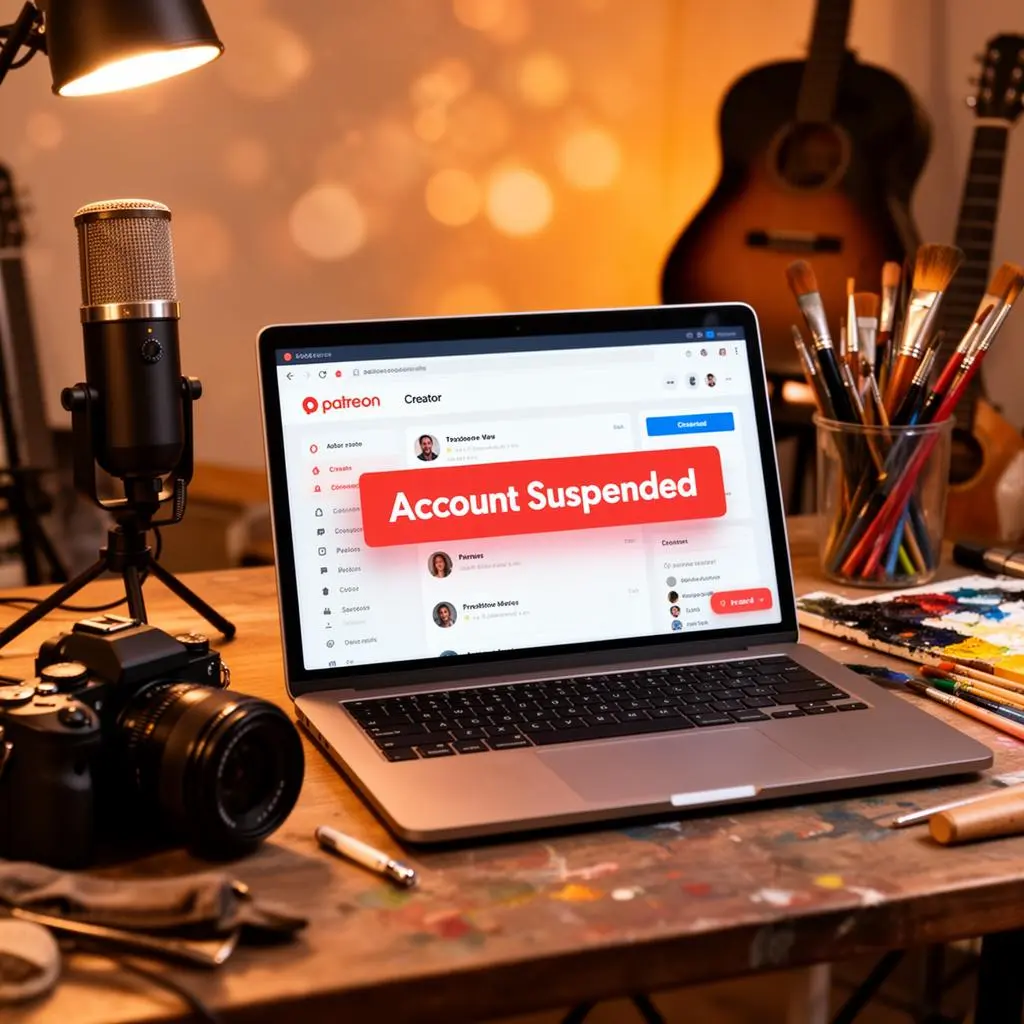 Laptop mostrando dashboard do Patreon com banner de conta suspensa, ao lado de equipamentos de criação de conteúdo em estúdio moderno