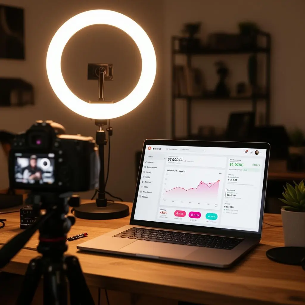 Criador de conteúdo em estúdio home office com microfone, câmera e notebook mostrando dashboard de receita do Patreon