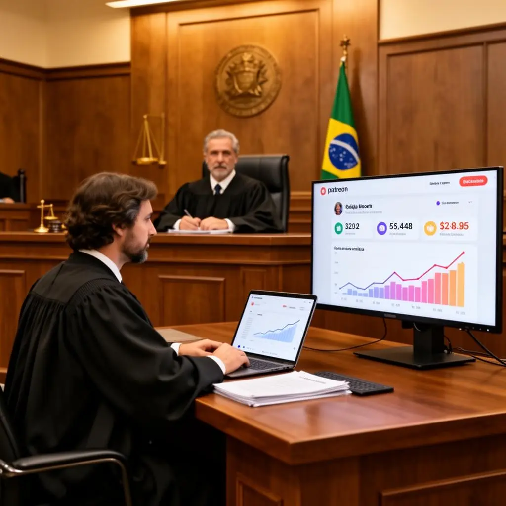 Vara Cível brasileira com juiz examinando evidências digitais em telas mostrando interface de monetização de conteúdo