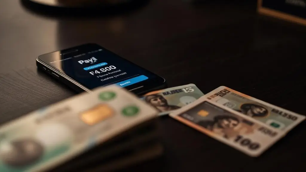Smartphone em primeiro plano exibindo app PayPal com notificação de saldo bloqueado, cartões e cédulas de real desfocados ao fundo