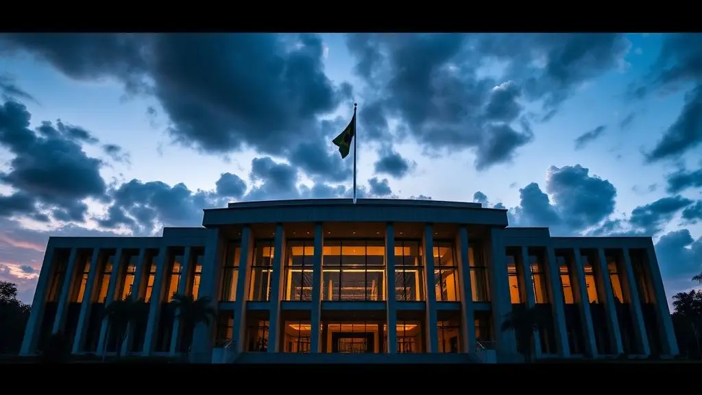 Fachada moderna de tribunal federal brasileiro ao entardecer com bandeira nacional