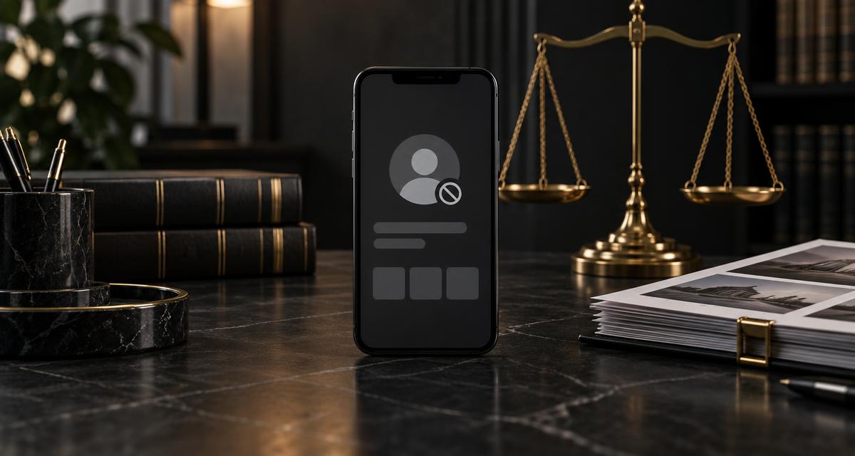 Celular indicando perfil desativado ao lado de documentos e balança da justiça