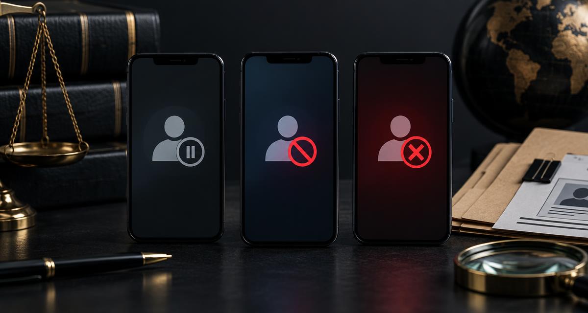 Três celulares representando perfil pausado, suspenso e banido