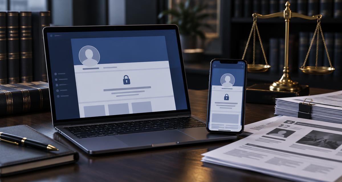 Computador e celular mostrando perfil social bloqueado em ambiente jurídico