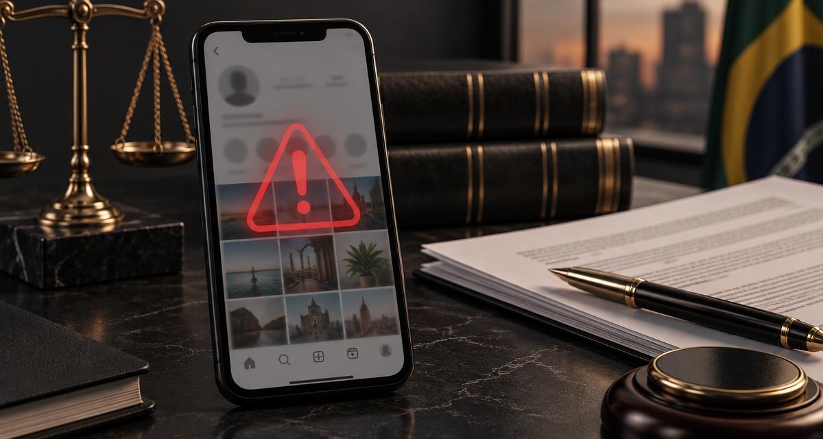 Celular com alerta em perfil de fotos ao lado de documentos jurídicos