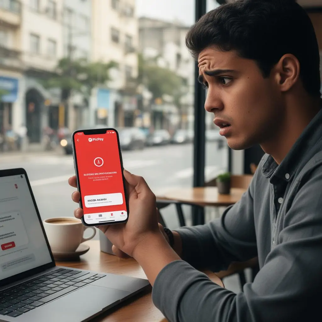 Jovem profissional brasileiro preocupado em cafeteria olhando para smartphone com app PicPay mostrando conta bloqueada