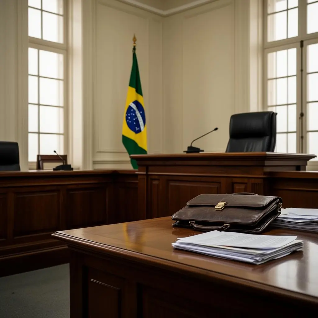 Interior de tribunal brasileiro com banco do juiz vazio, bandeira do Brasil e mobiliário de madeira