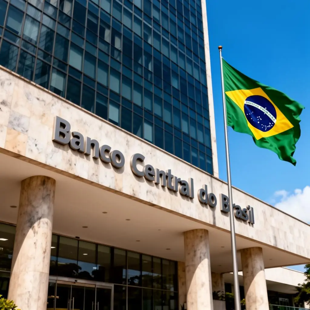 Fachada moderna do Banco Central do Brasil com bandeira nacional e céu azul claro