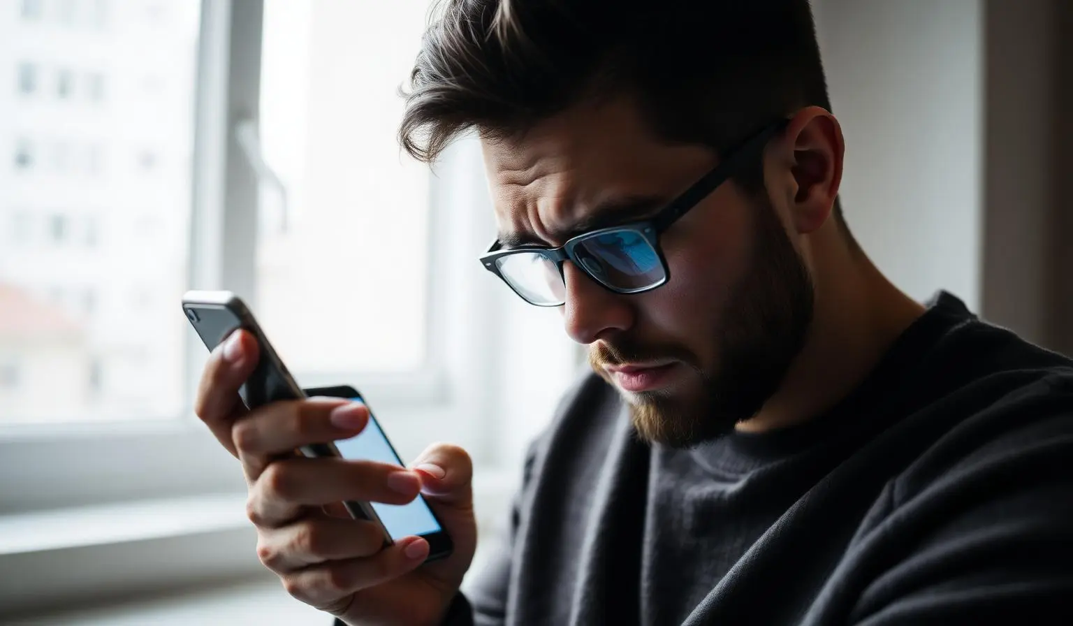 Homem preocupado olhando para smartphone com notificação de bloqueio bancário