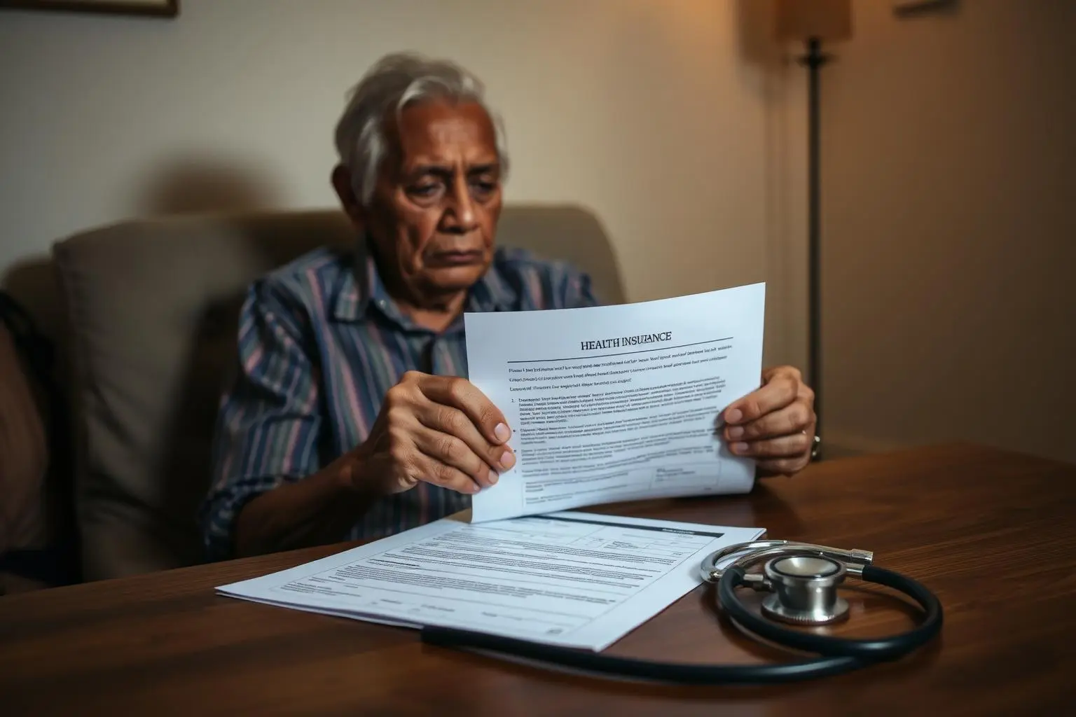 Paciente idoso brasileiro em casa lendo carta de recusa do plano de saúde, com estetoscópio e exames médicos sobre a mesa, luz melancólica cinematográfica