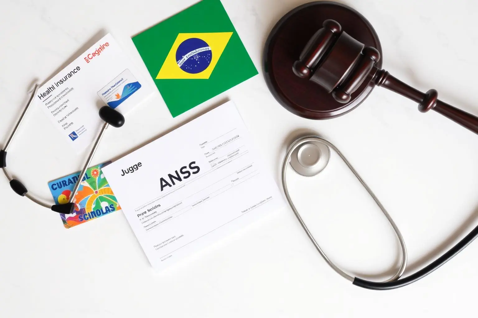 Vista superior plana de cartão de plano de saúde brasileiro, prescrição médica, cartilha da ANS, estetoscópio e martelo de juiz sobre superfície de mármore branco, iluminação editorial limpa
