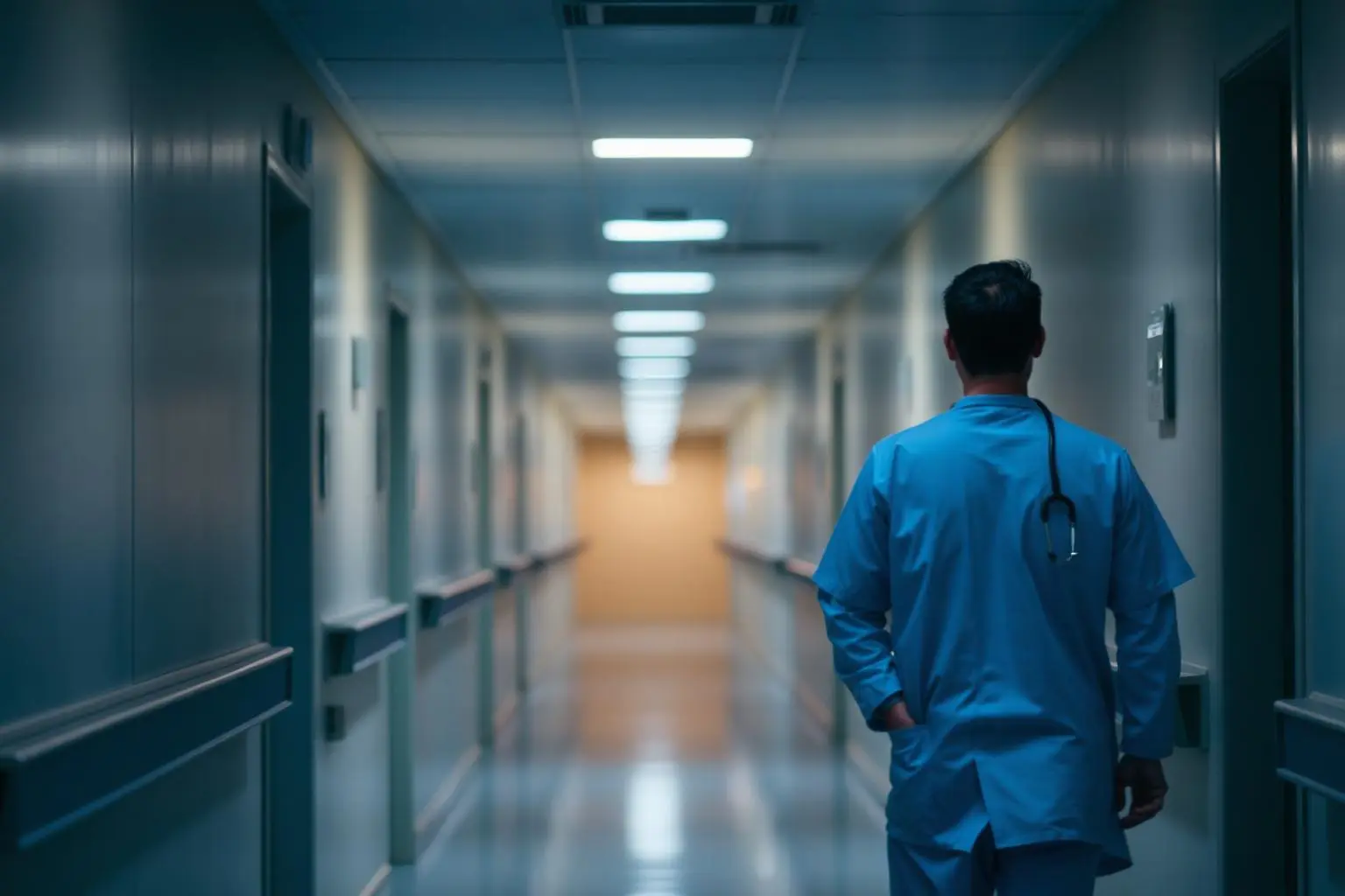 Corredor de hospital brasileiro com médico caminhando ao fundo, luz azul médica suave, bokeh desfocado, fotografia editorial cinematográfica