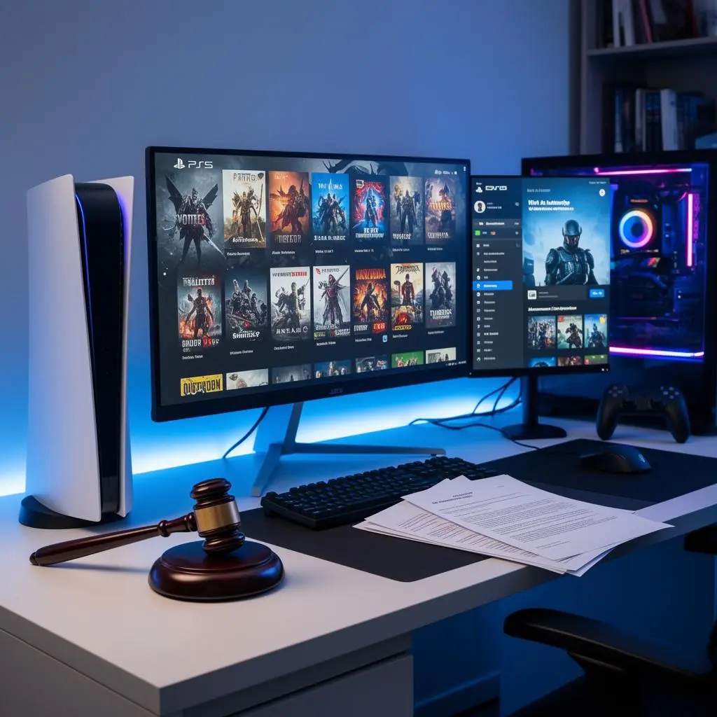 Setup gamer profissional com PlayStation 5, monitores mostrando biblioteca de jogos e troféus, com documentos jurídicos na mesa