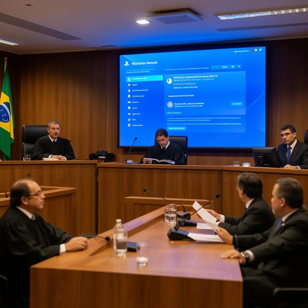 Juiz em Vara Cível brasileira examinando tablet com interface da PlayStation Network e dados de conta suspensa