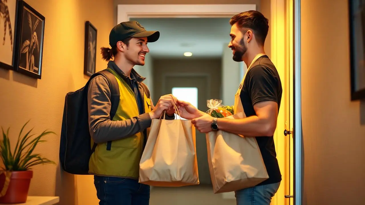 Entregador entregando sacola de comida para cliente na porta de apartamento, luz quente de corredor