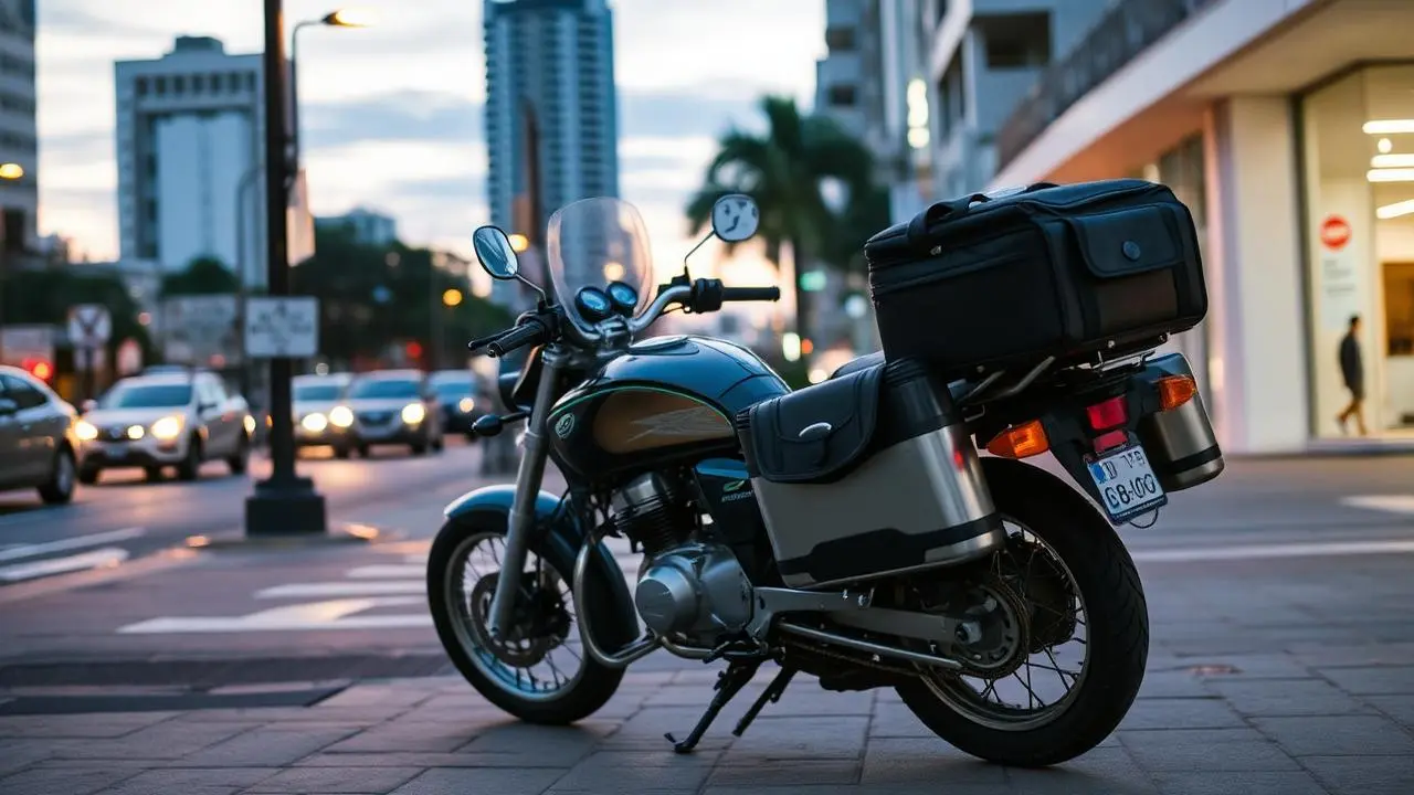 Motocicleta estacionada em calçada de cidade brasileira ao entardecer com baú de entrega, foto editorial urbana