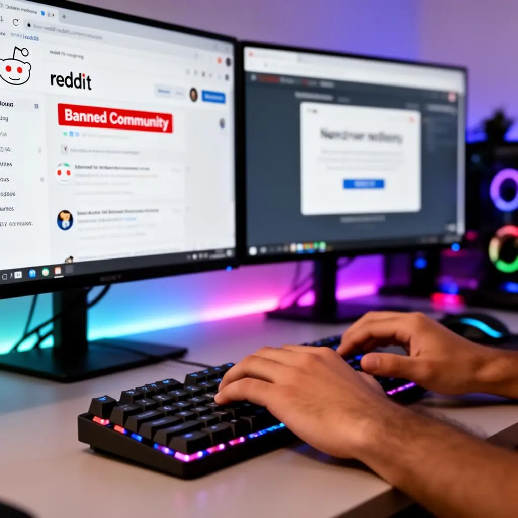 Desenvolvedor brasileiro digitando em teclado mecânico com dois monitores ao fundo, um exibindo interface do Reddit com mensagem de comunidade banida