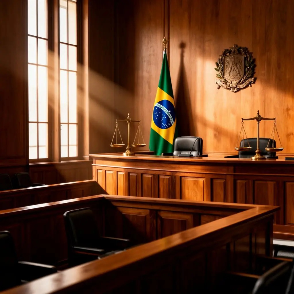 Interior de tribunal brasileiro com bancada de advogados vazia, bandeira nacional e balança da justiça ao fundo
