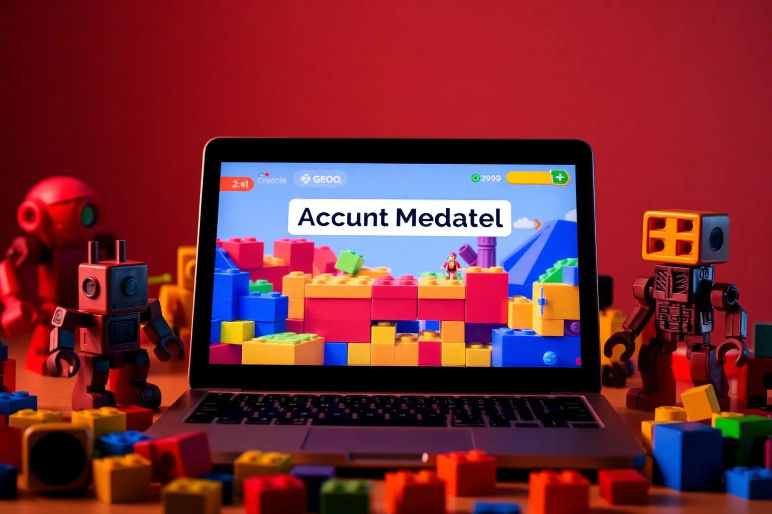Notebook exibindo plataforma colorida de jogos em blocos com aviso 'Account Moderated', cercado por bonecos robôs e blocos criativos vibrantes, iluminação de estúdio