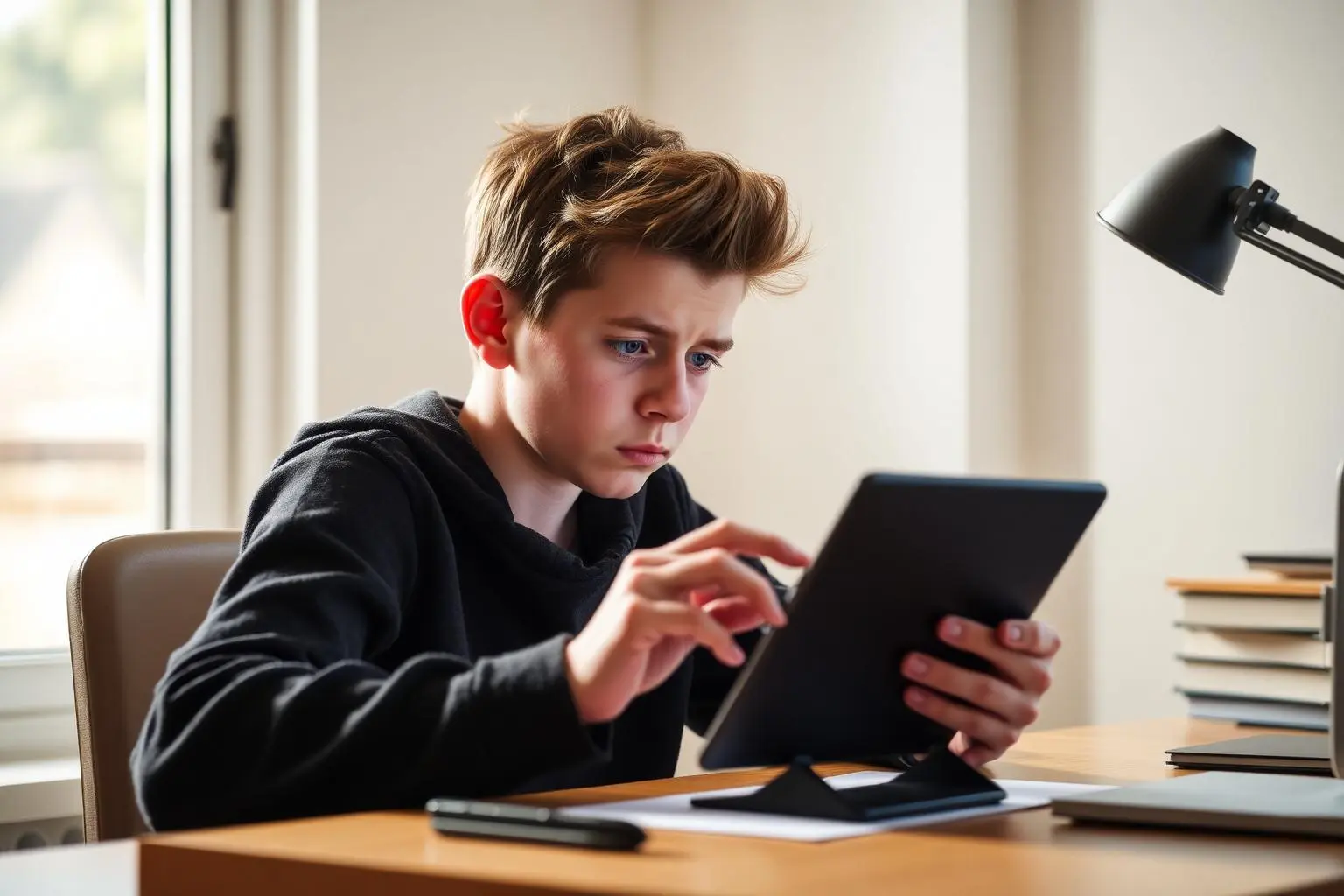 Jovem criador em mesa designando mundo virtual 3D em tablet, expressão frustrada, luz natural suave de janela, qualidade editorial premium