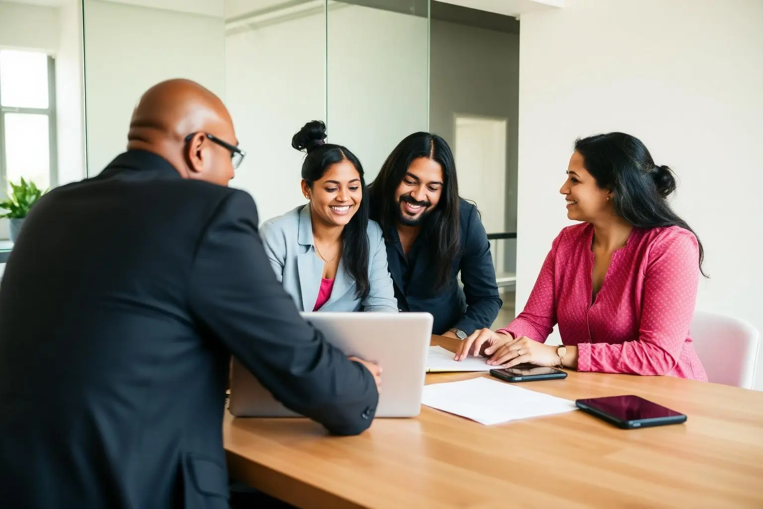 Família brasileira discutindo com advogado em mesa de escritório moderno, papéis de contrato e notebook visíveis, luz natural diurna, qualidade editorial premium