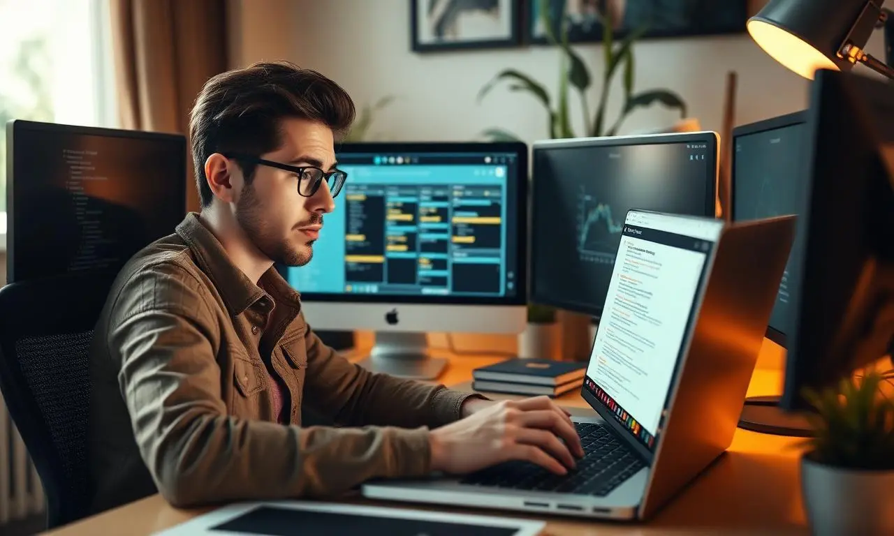 Profissional remoto frustrado em home office observando laptop com kanban de gerenciamento de projetos exibindo tela de erro, múltiplos monitores ao redor, iluminação cinematográfica quente